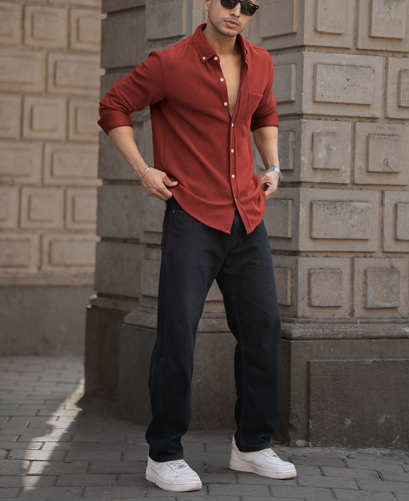 Brick Red Structured Knit Shirt.