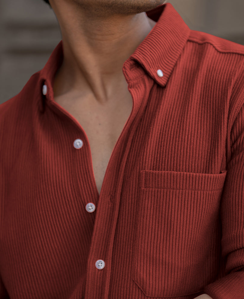 Brick Red Structured Knit Shirt.