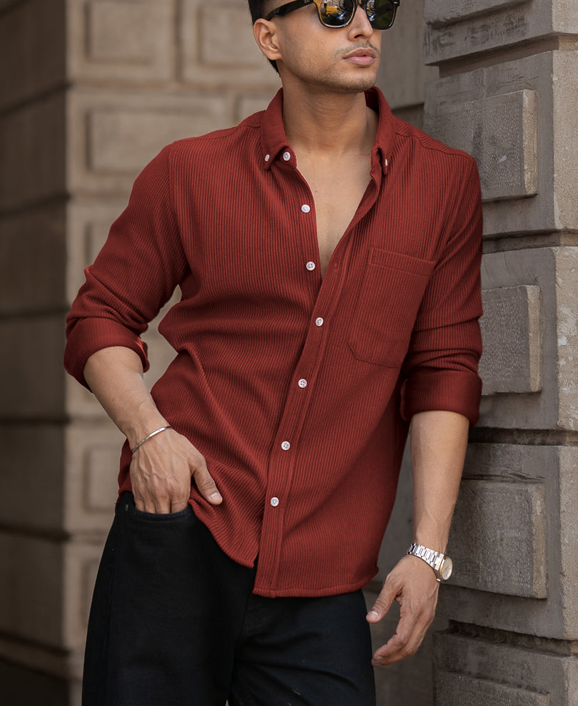 Brick Red Structured Knit Shirt.