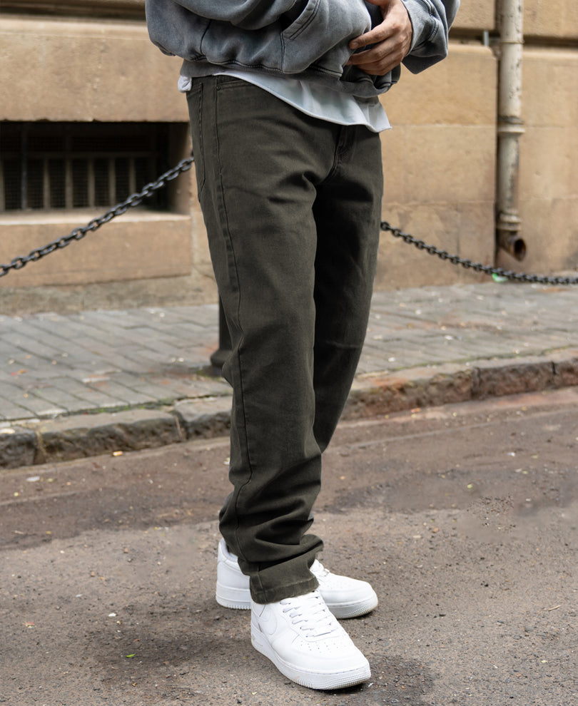 Dark Olive Washed Regular Fit Jeans.