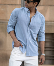 Blue Knitted Button Down Shirt.