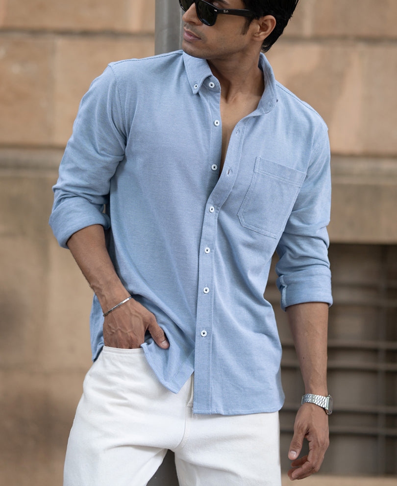 Blue Knitted Button Down Shirt.