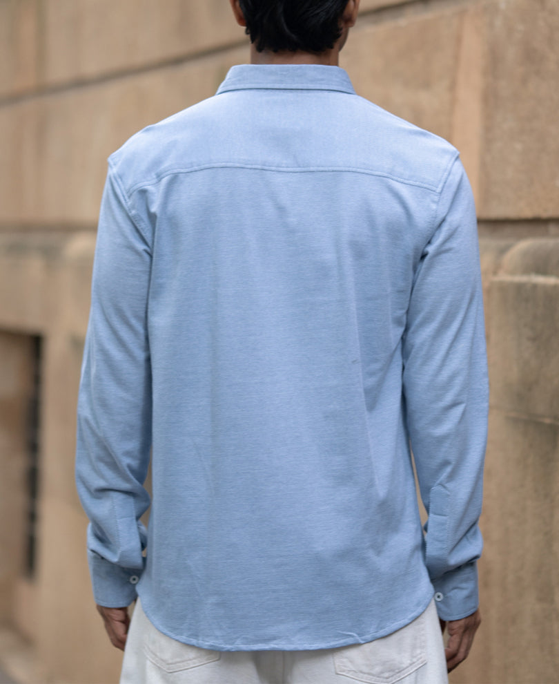 Blue Knitted Button Down Shirt.