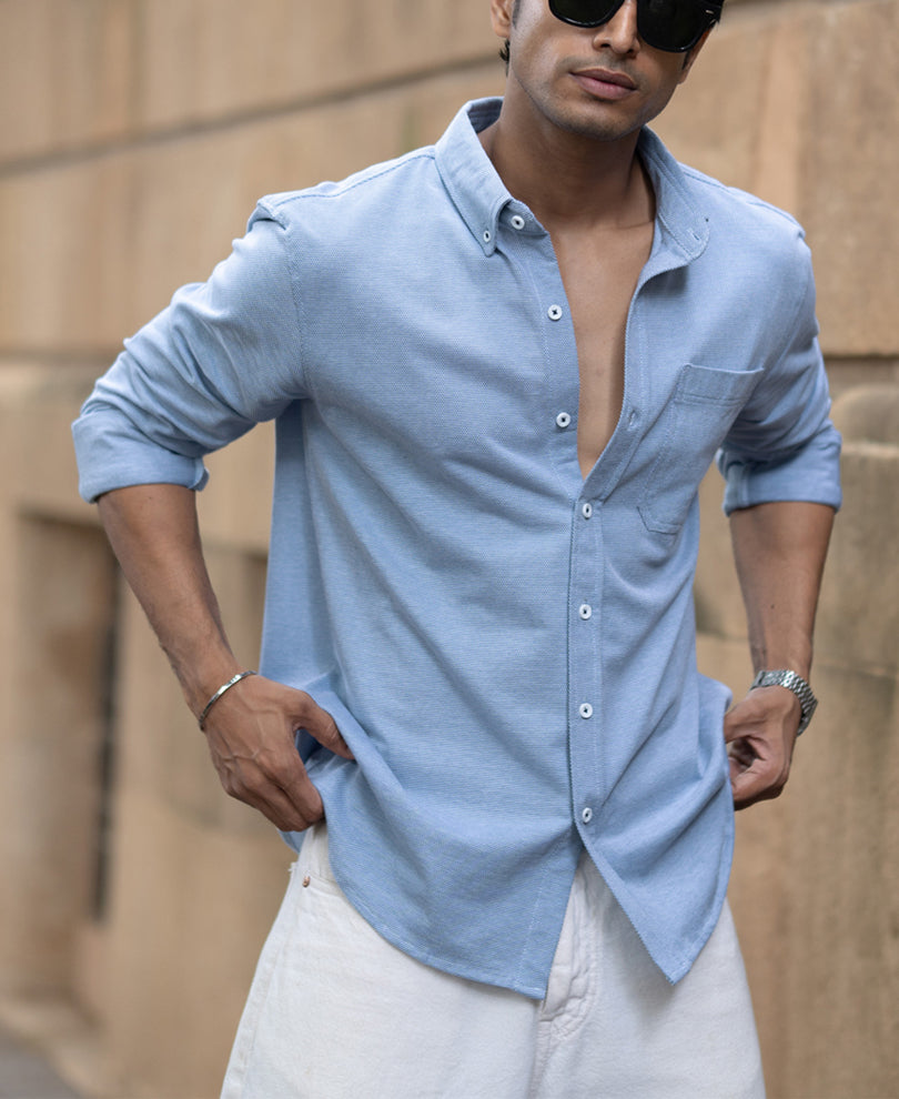 Blue Knitted Button Down Shirt.