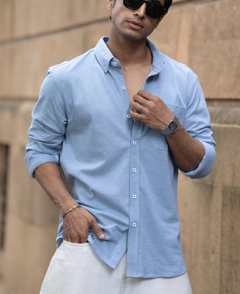Blue Knitted Button Down Shirt.