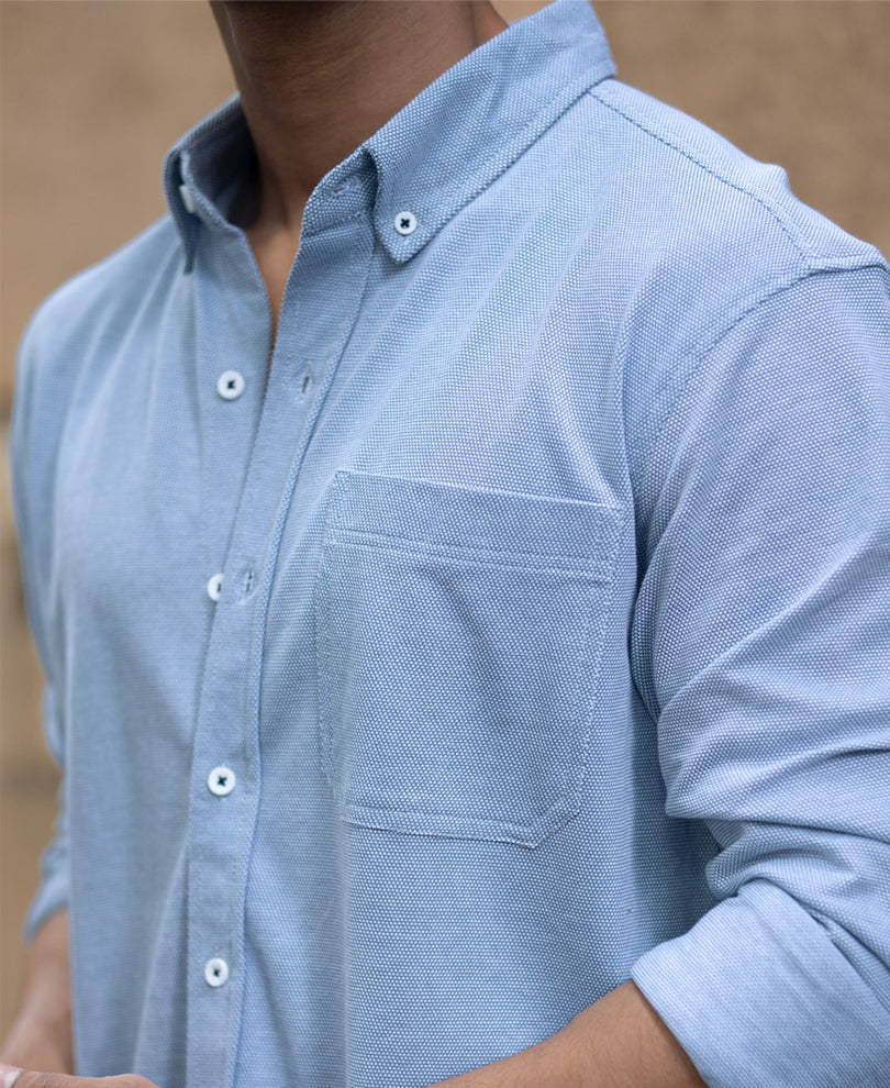Blue Knitted Button Down Shirt.