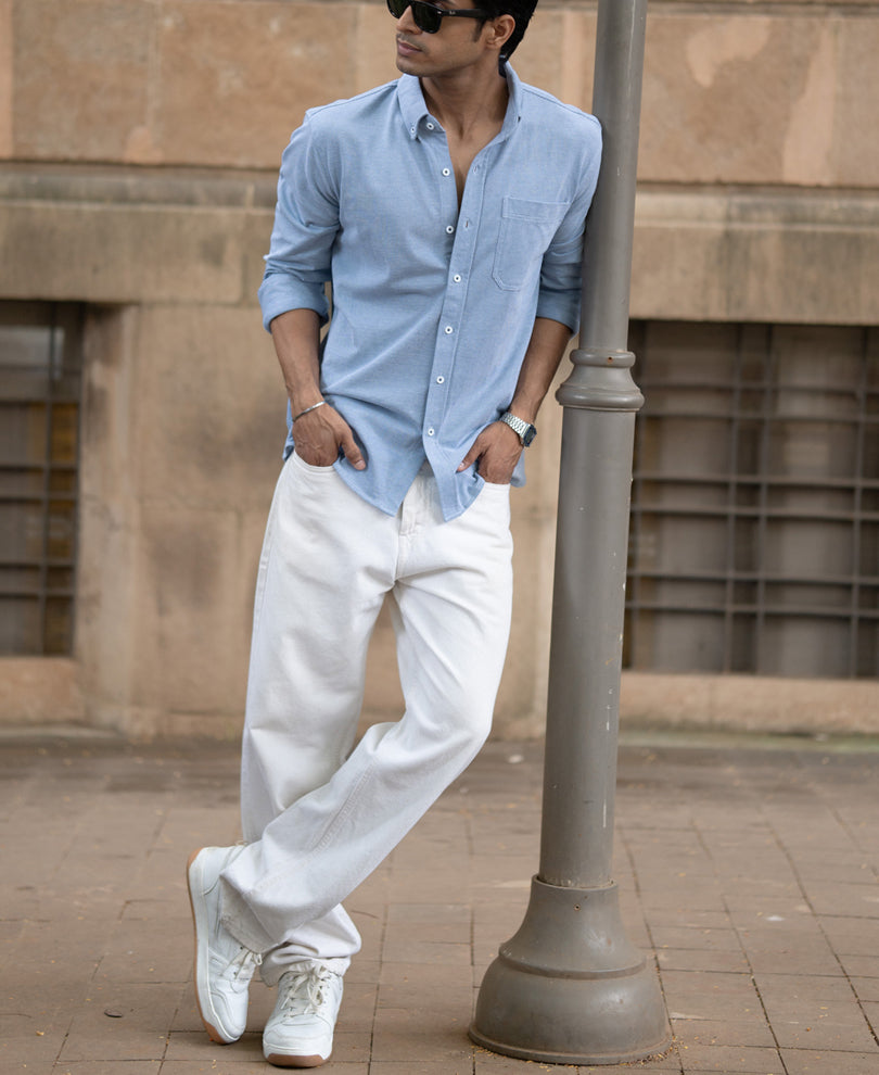 Blue Knitted Button Down Shirt.