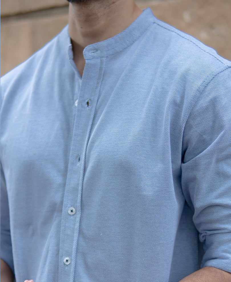 Blue Knitted Mandarin Collar Shirt.