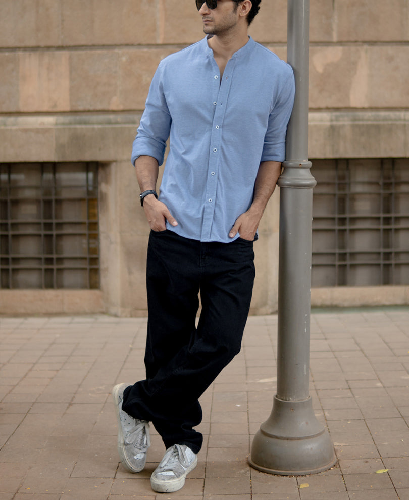 Blue Knitted Mandarin Collar Shirt.
