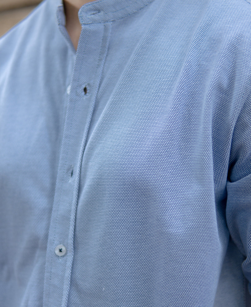 Blue Knitted Mandarin Collar Shirt.