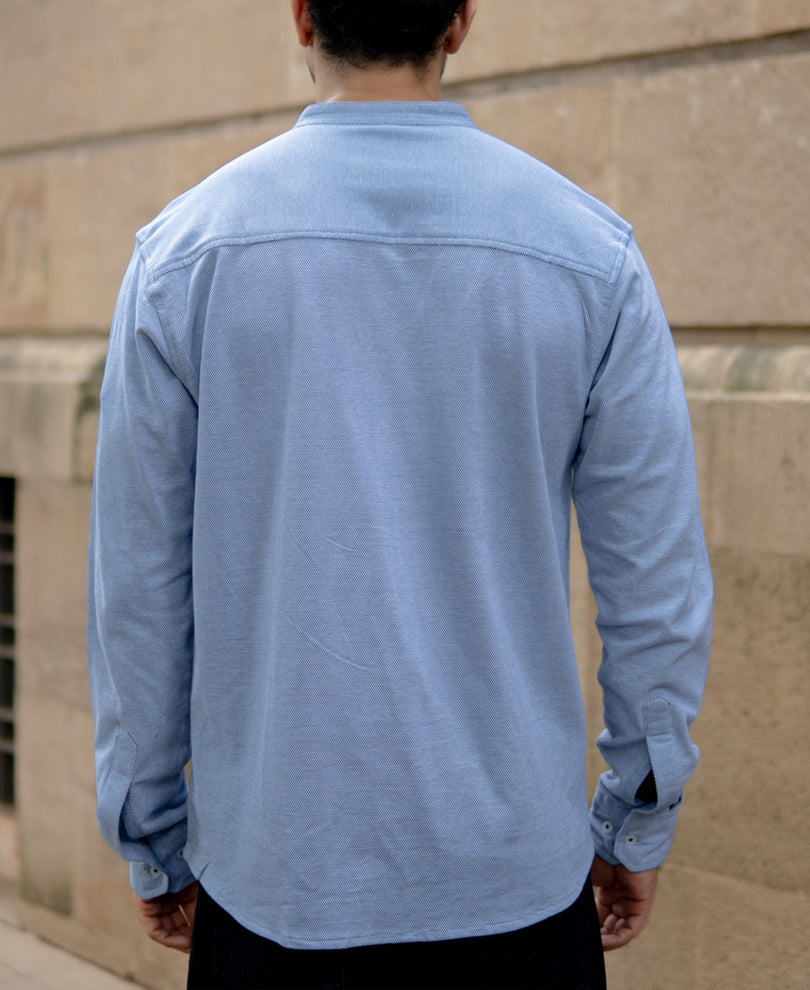 Blue Knitted Mandarin Collar Shirt.