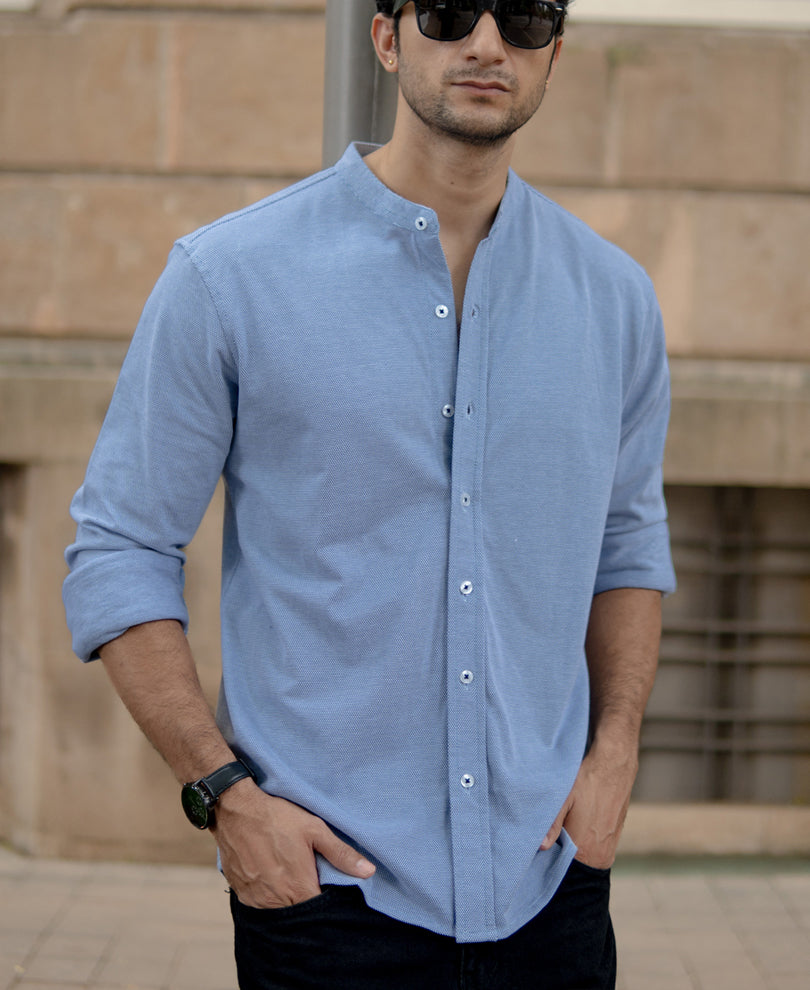 Blue Knitted Mandarin Collar Shirt.