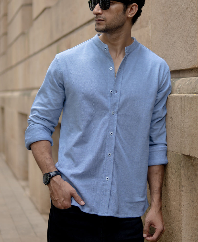 Blue Knitted Mandarin Collar Shirt.