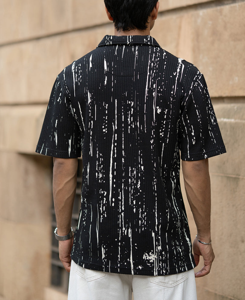 Black Structured Printed Polo T-Shirt.