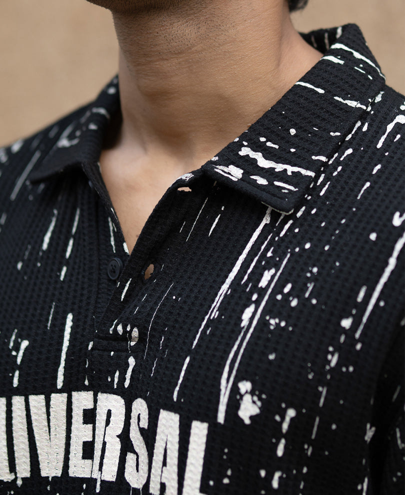 Black Structured Printed Polo T-Shirt.