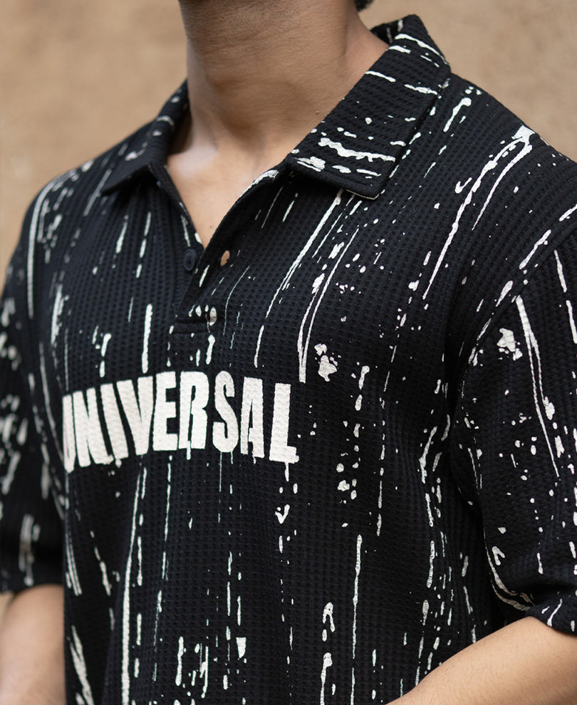 Black Structured Printed Polo T-Shirt.