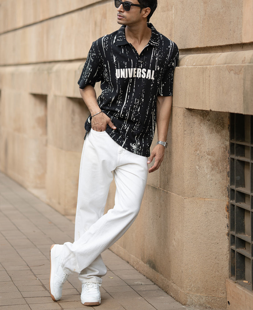 Black Structured Printed Polo T-Shirt.