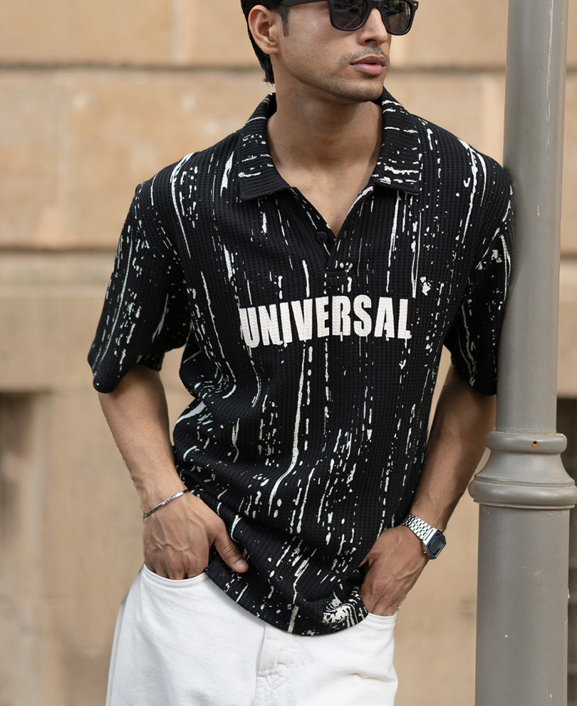 Black Structured Printed Polo T-Shirt.