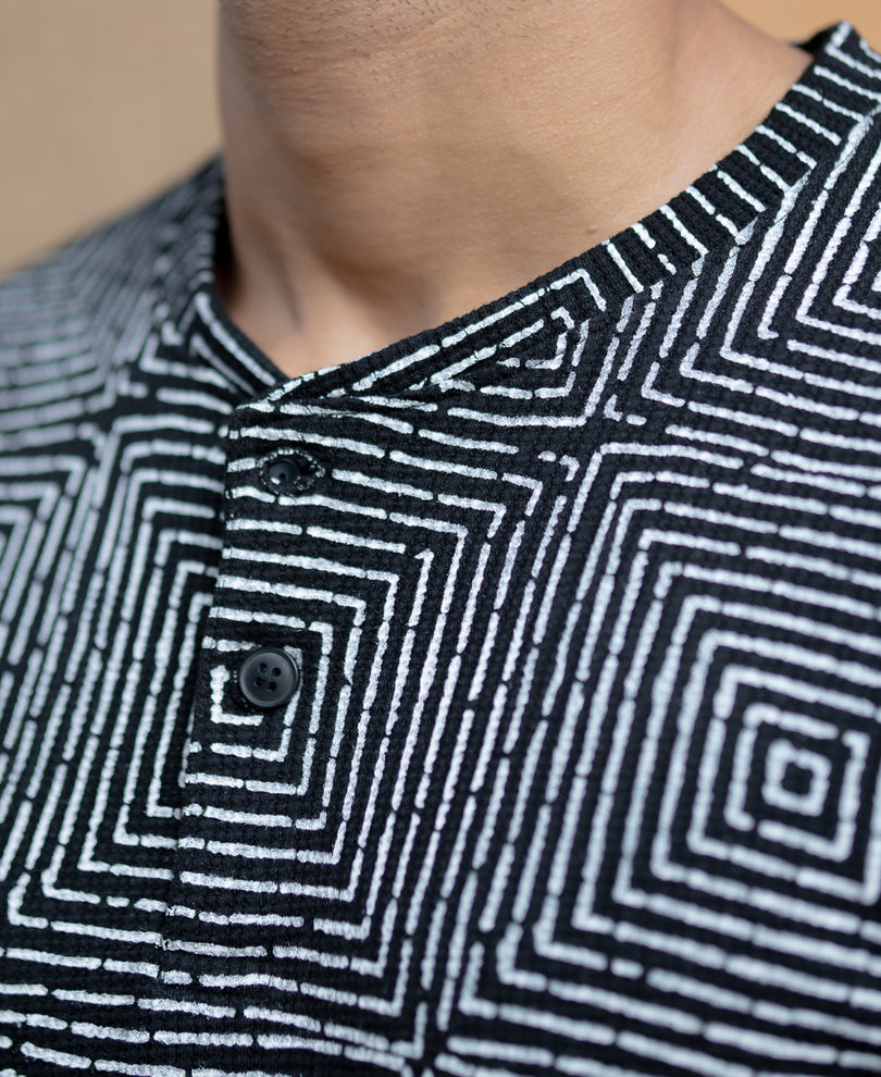 Black Maze Print Henley T-Shirt.