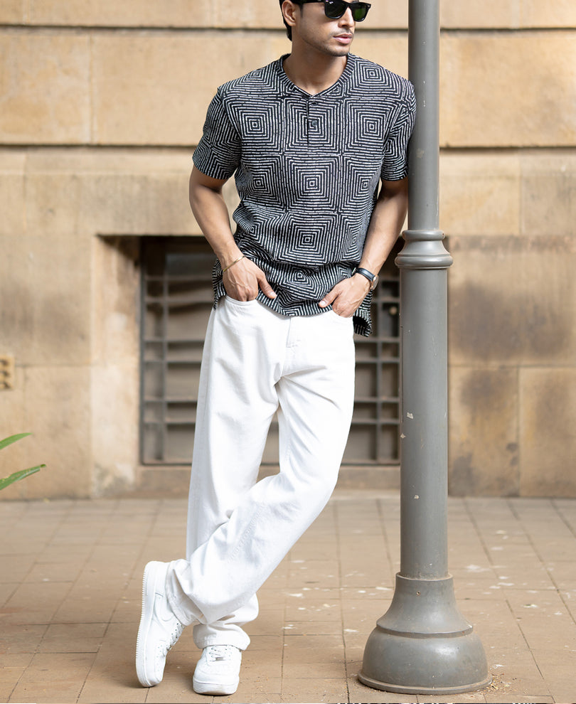 Black Maze Print Henley T-Shirt.