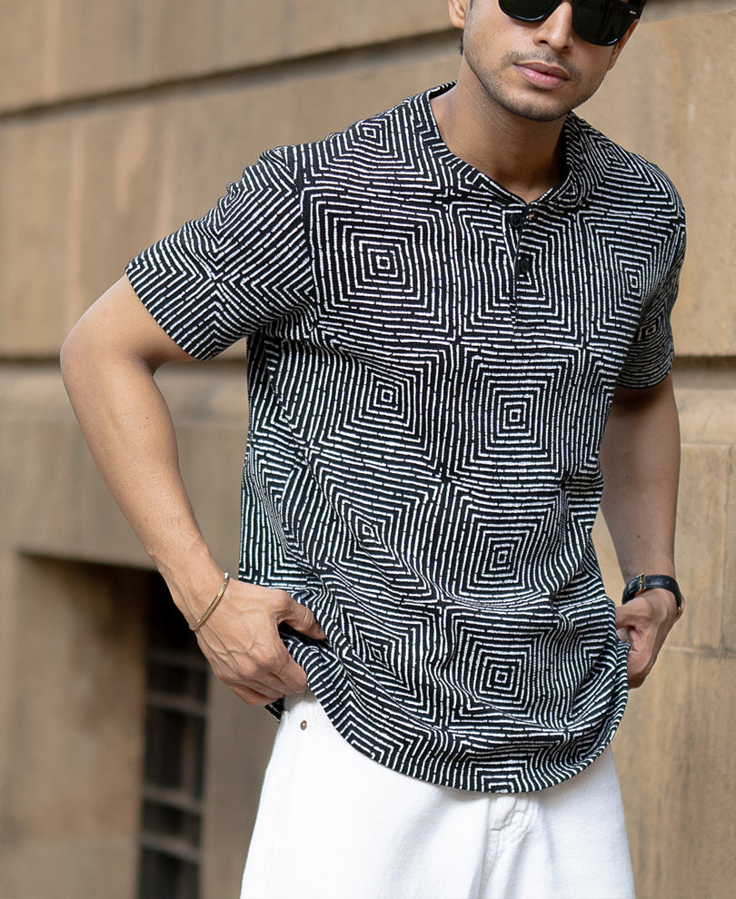 Black Maze Print Henley T-Shirt.
