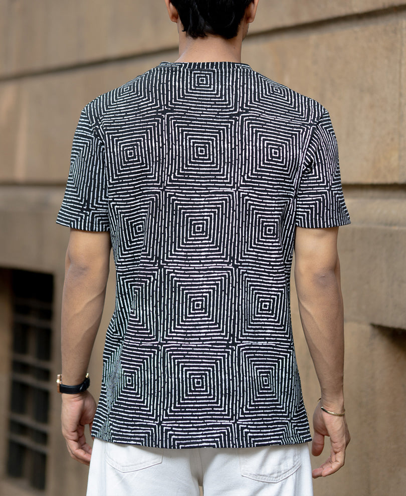 Black Maze Print Henley T-Shirt.