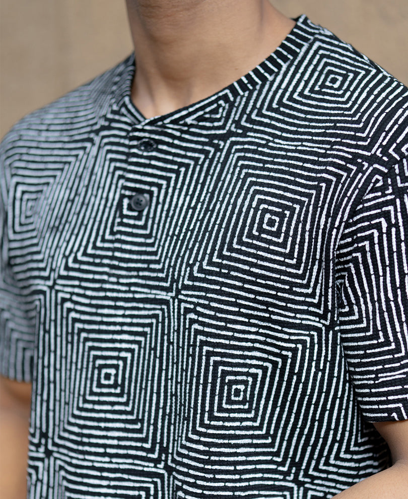 Black Maze Print Henley T-Shirt.