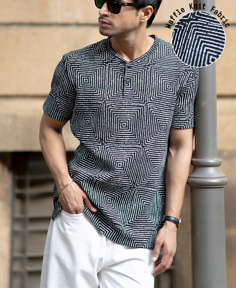 Black Maze Print Henley T-Shirt.