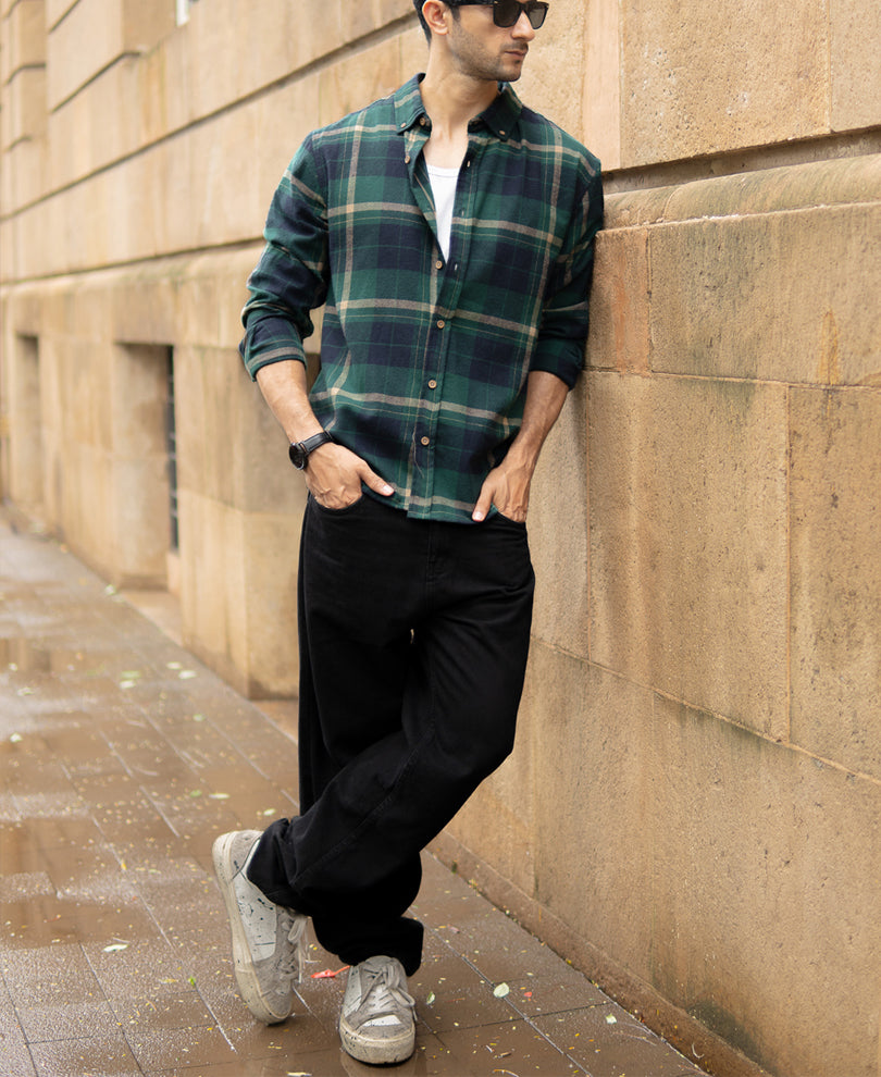 Green Button Down Checks Shirt.