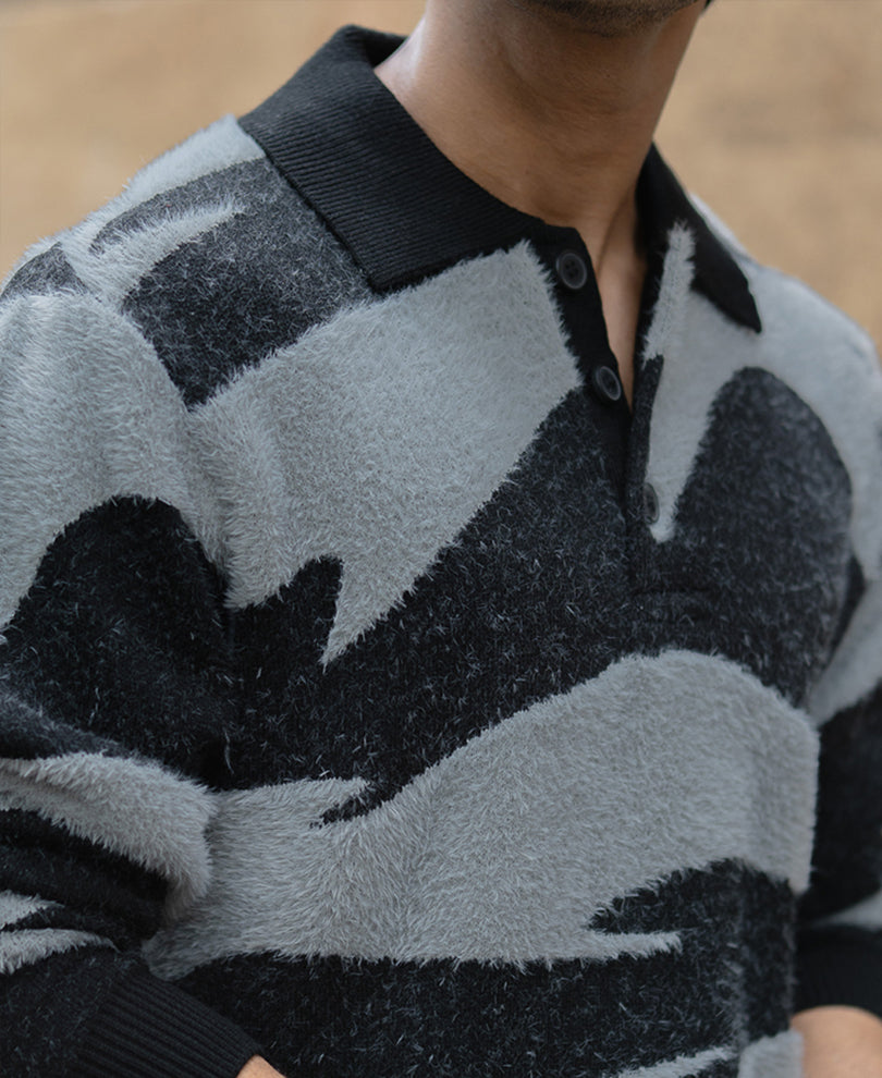 Black Abstract Jacquard Knit Polo T-Shirt.