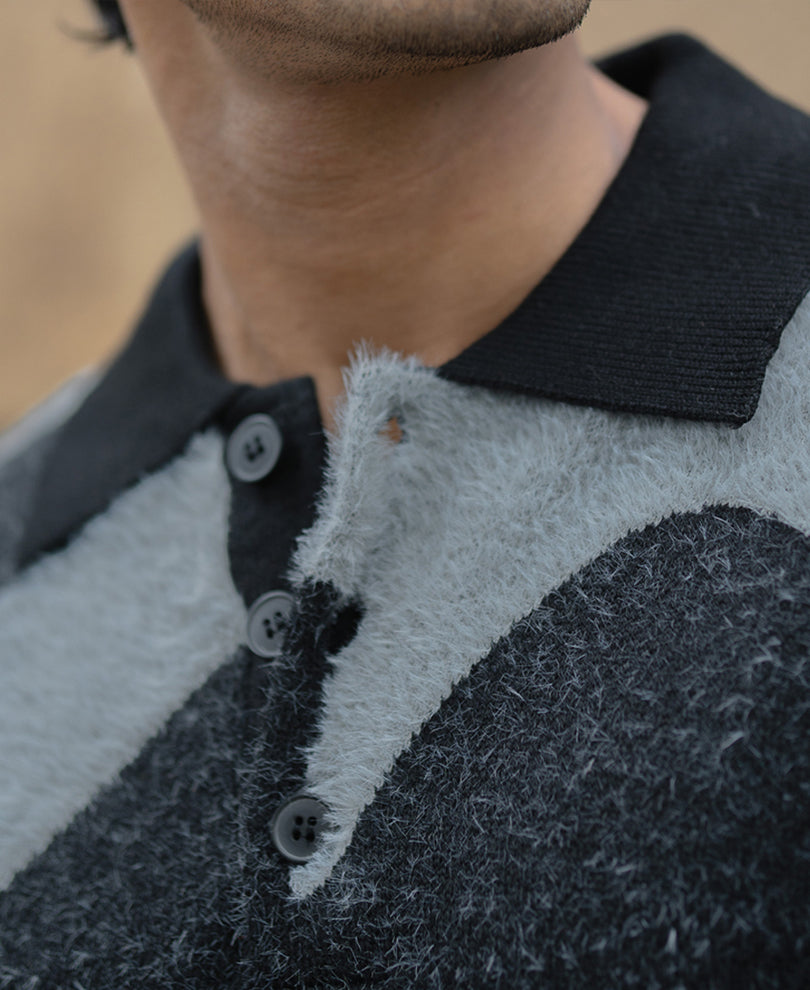 Black Abstract Jacquard Knit Polo T-Shirt.