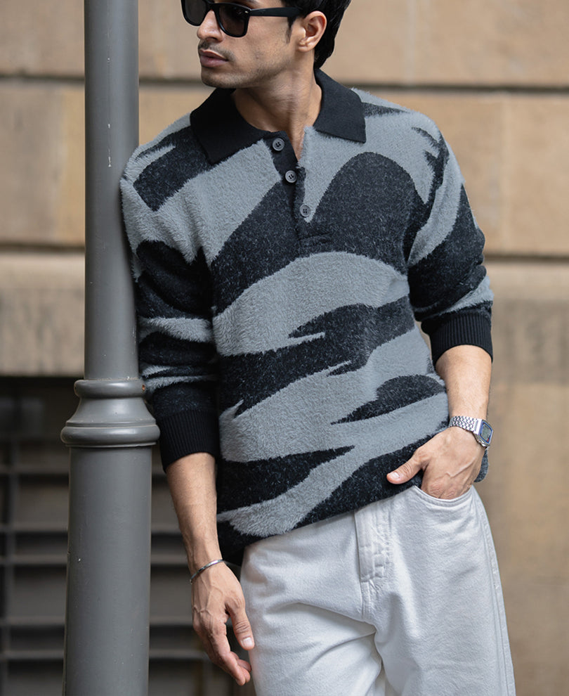 Black Abstract Jacquard Knit Polo T-Shirt
