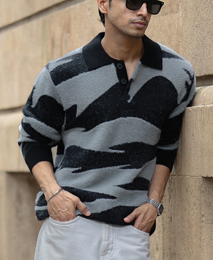 Black Abstract Jacquard Knit Polo T-Shirt.