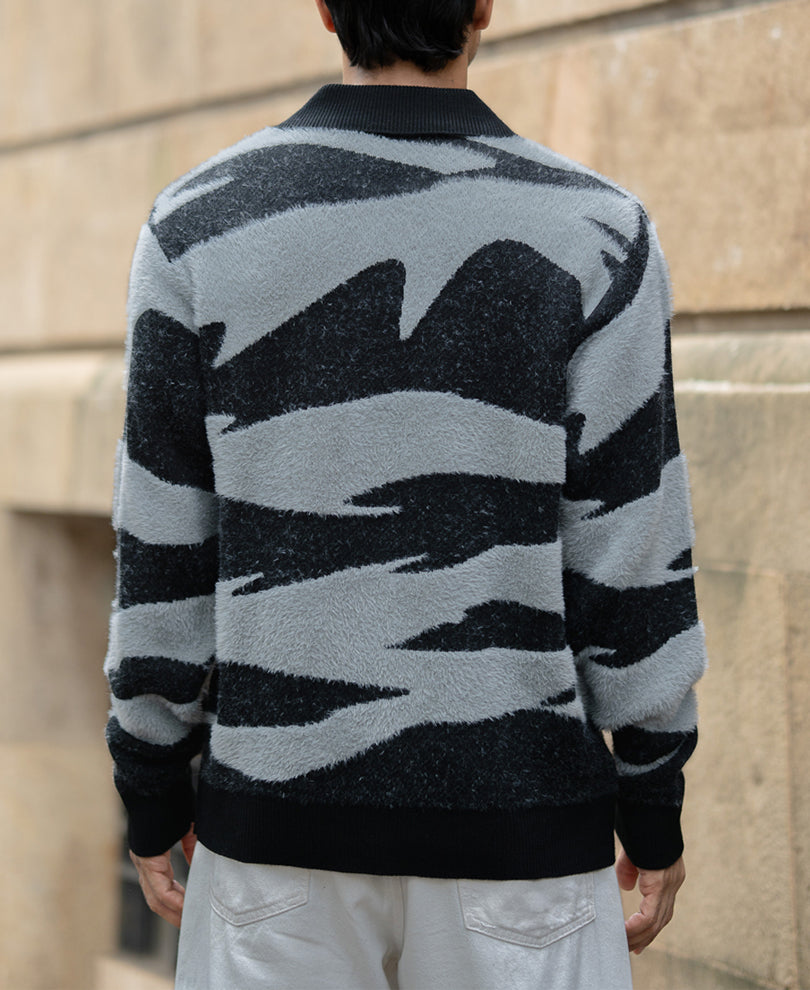 Black Abstract Jacquard Knit Polo T-Shirt.