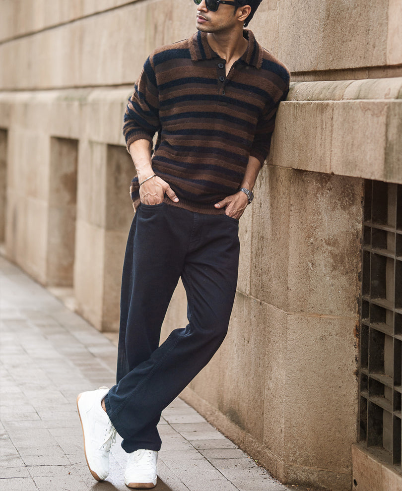 Dark Brown Striped Polo T-Shirt.