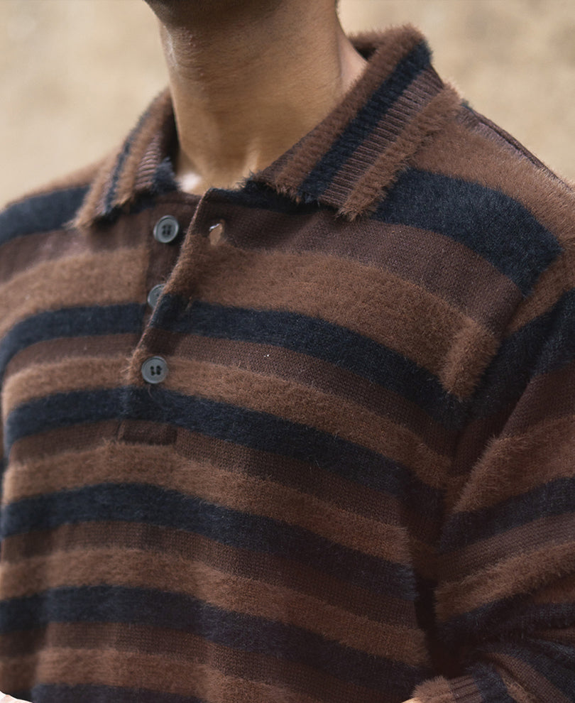 Dark Brown Striped Polo T-Shirt.