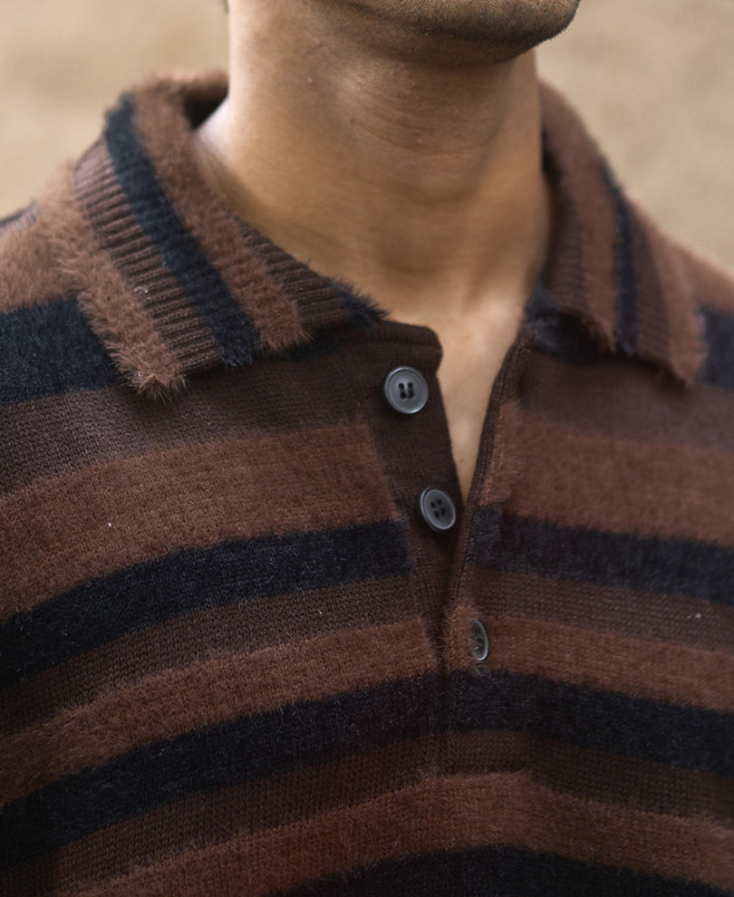 Dark Brown Striped Polo T-Shirt.