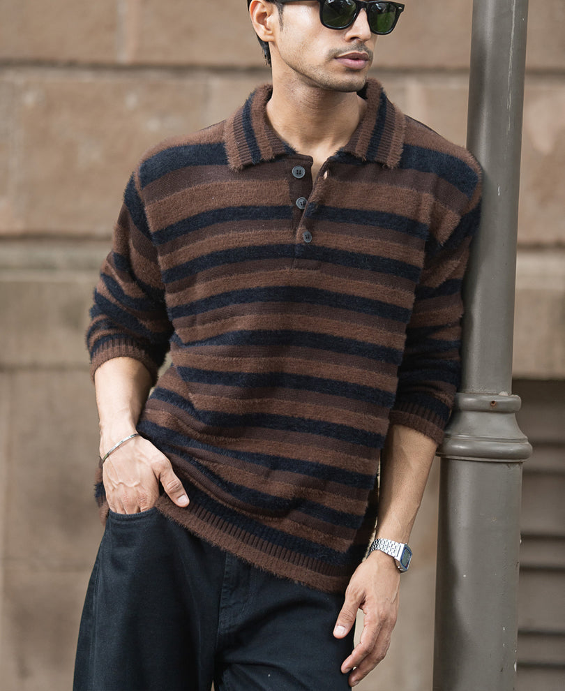Dark Brown Striped Polo T-Shirt.