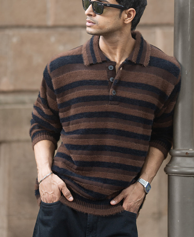 Dark Brown Striped Polo T-Shirt.