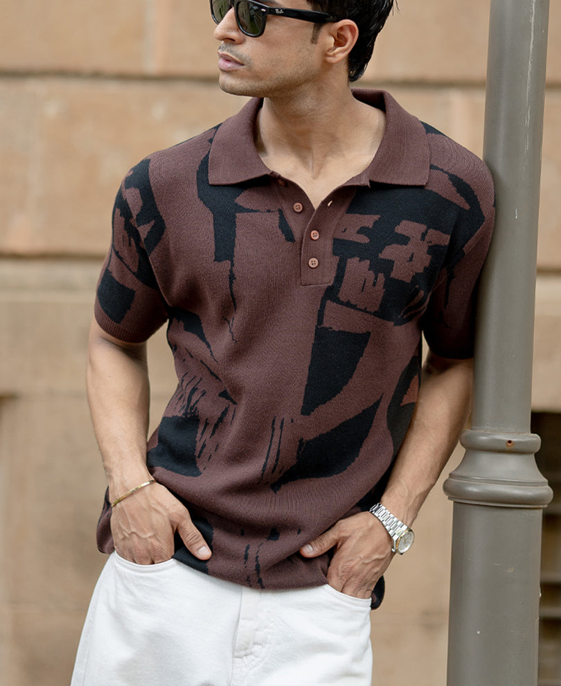 Dark Brown Jacquard Knit T-Shirt.