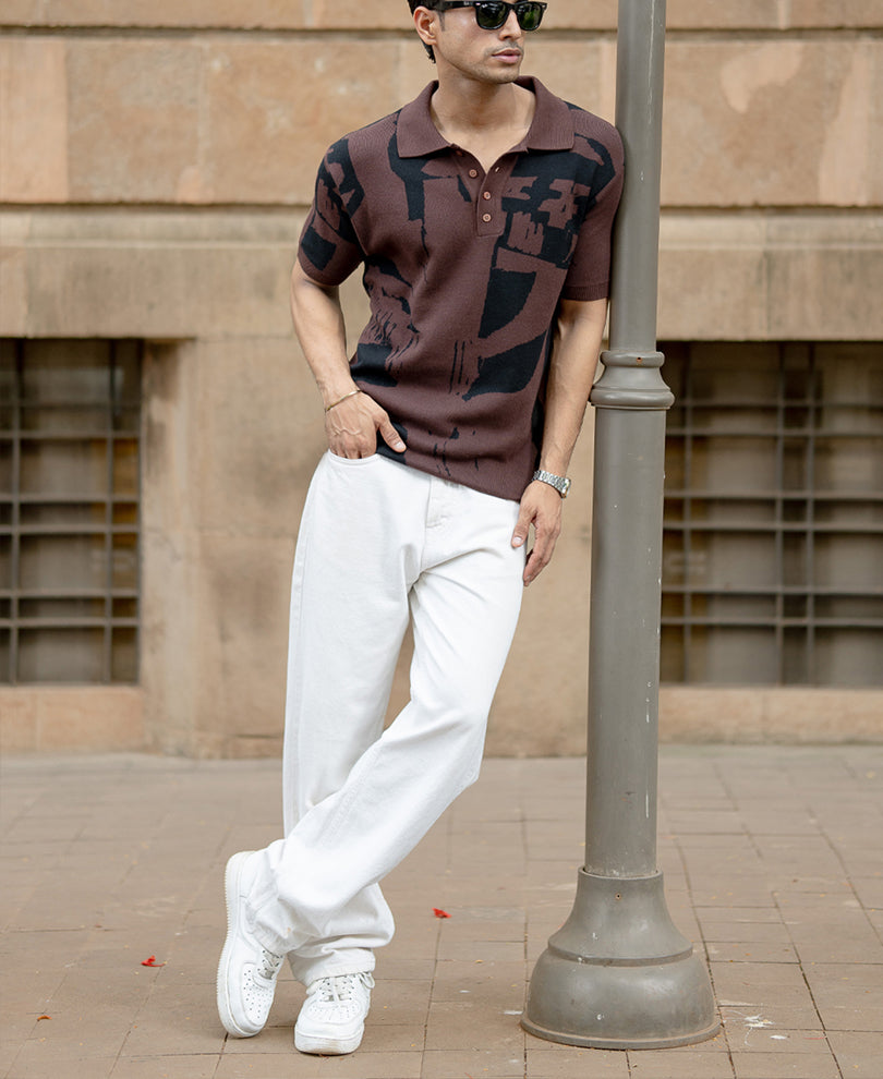 Dark Brown Jacquard Knit T-Shirt.