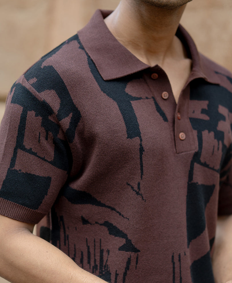 Dark Brown Jacquard Knit T-Shirt.