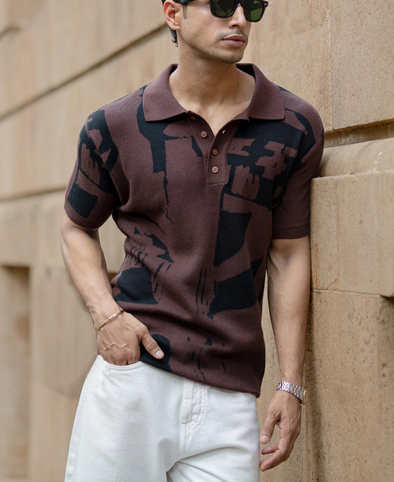 Dark Brown Jacquard Knit T-Shirt.