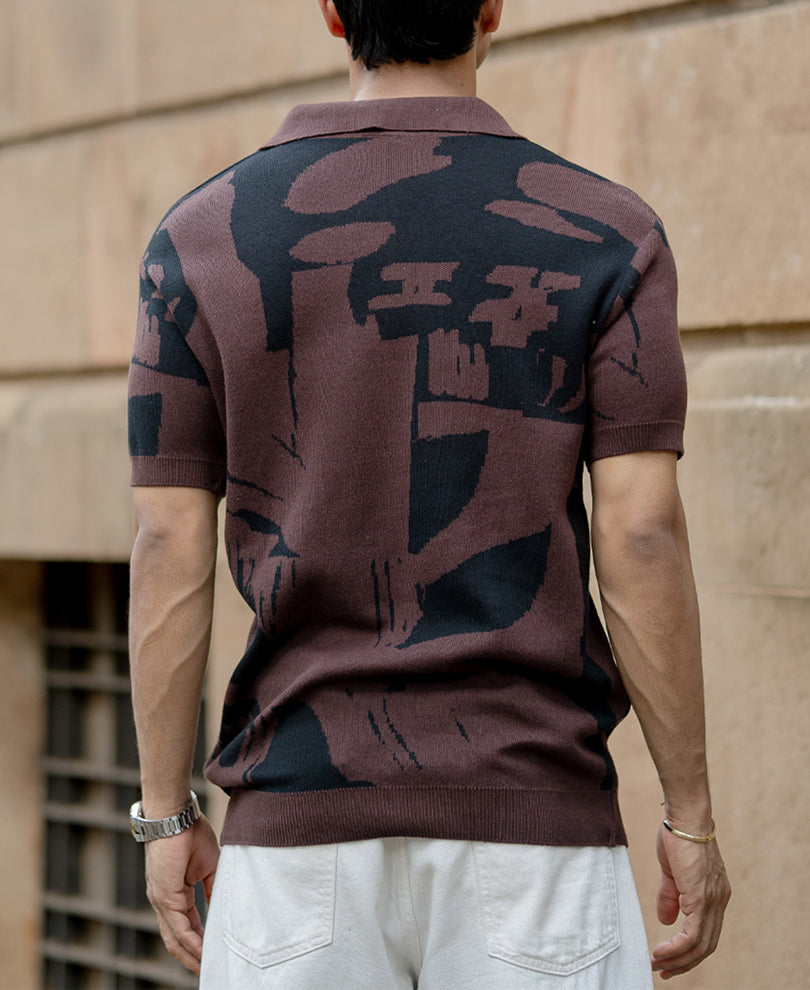 Dark Brown Jacquard Knit T-Shirt.