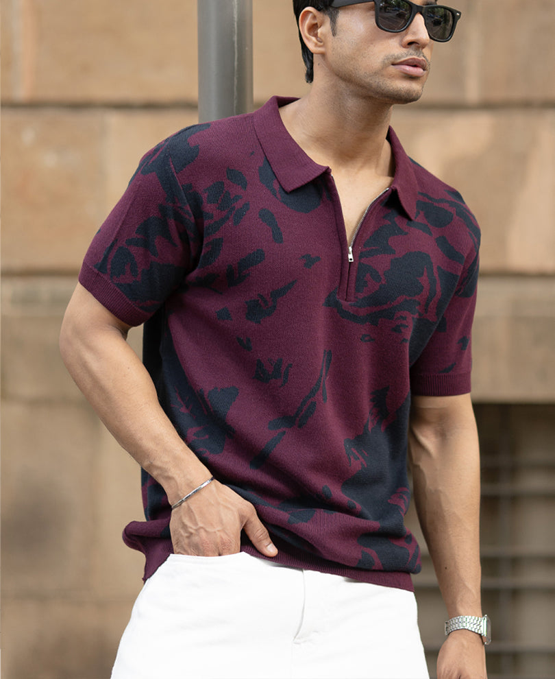 Wine Abstract Knit Polo T-Shirt.