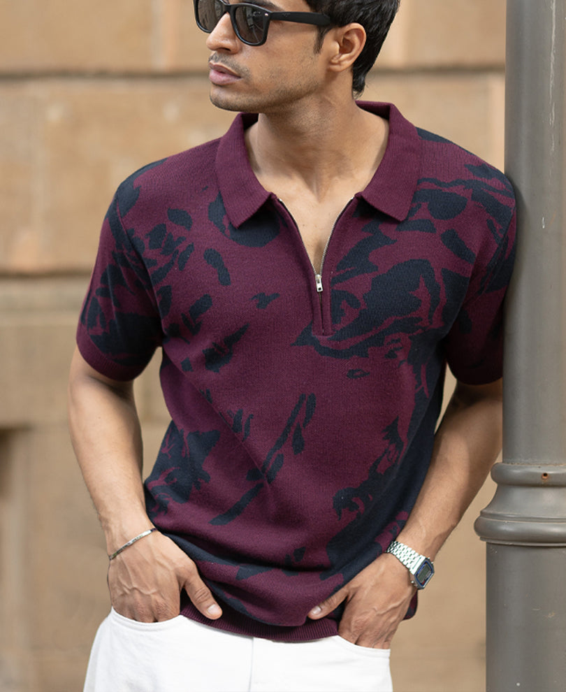 Wine Abstract Knit Polo T-Shirt.