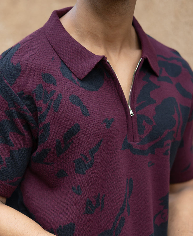 Wine Abstract Knit Polo T-Shirt.