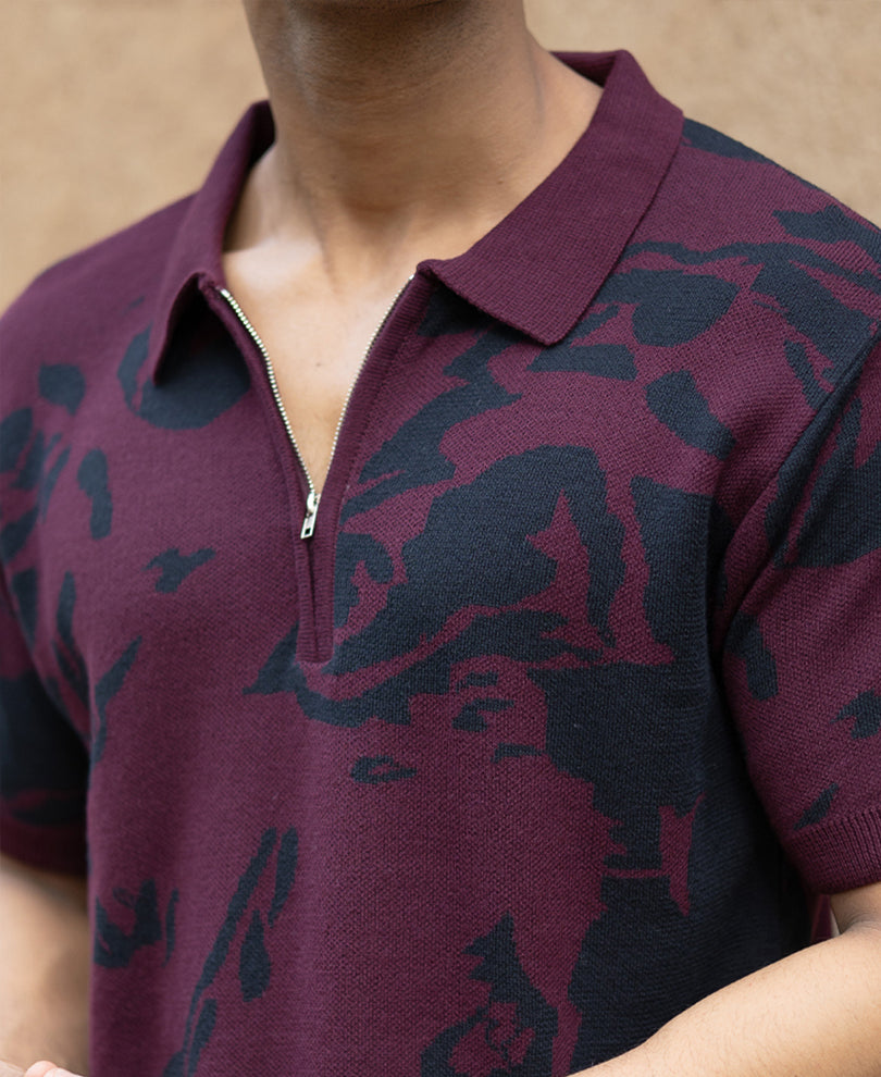 Wine Abstract Knit Polo T-Shirt.