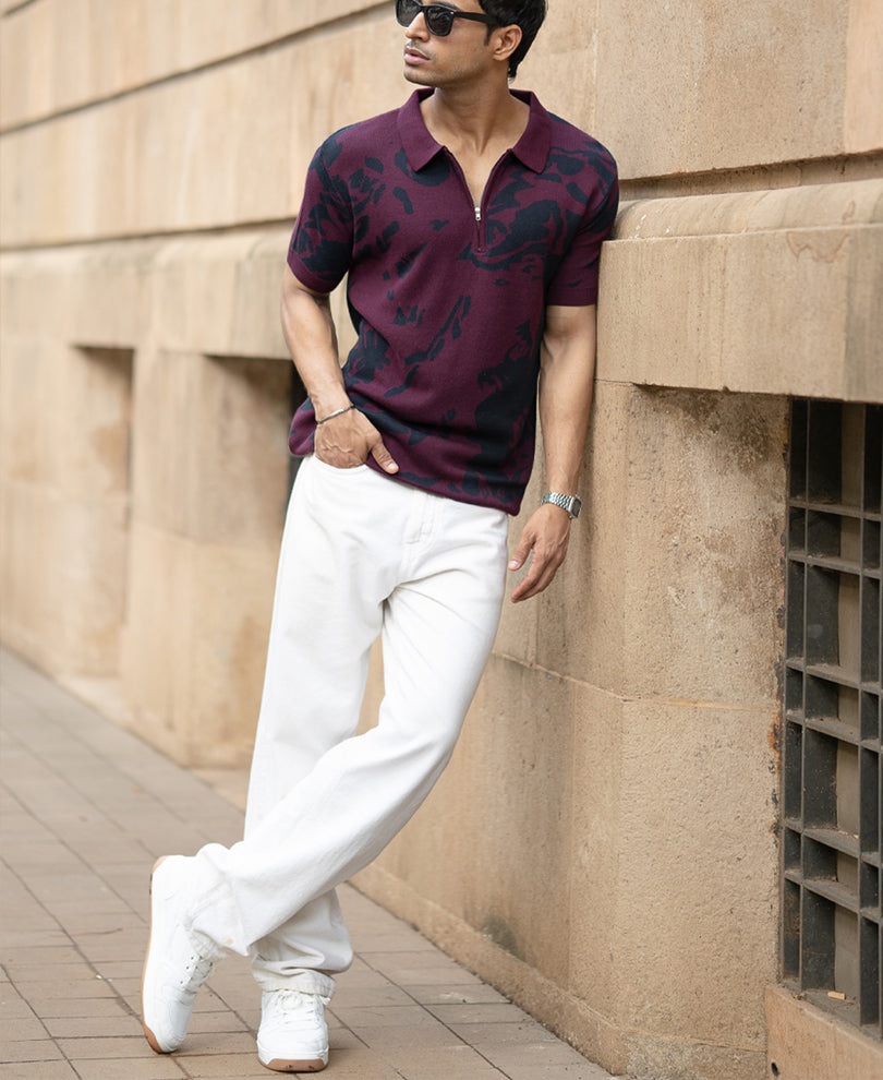 Wine Abstract Knit Polo T-Shirt.