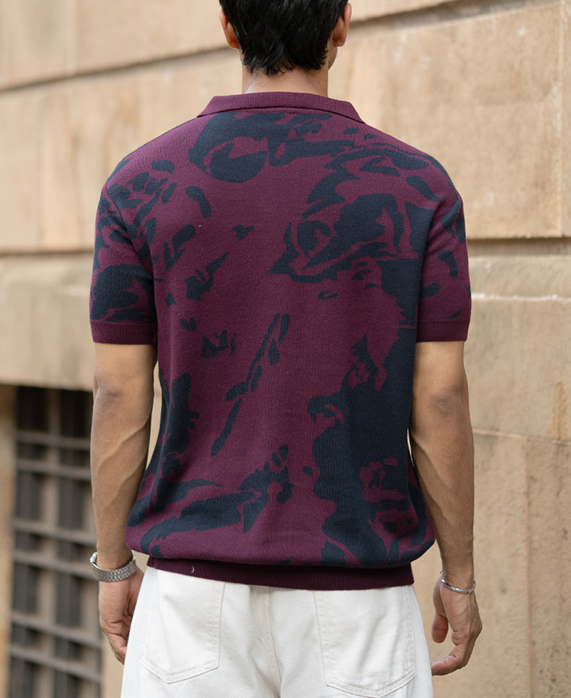 Wine Abstract Knit Polo T-Shirt.